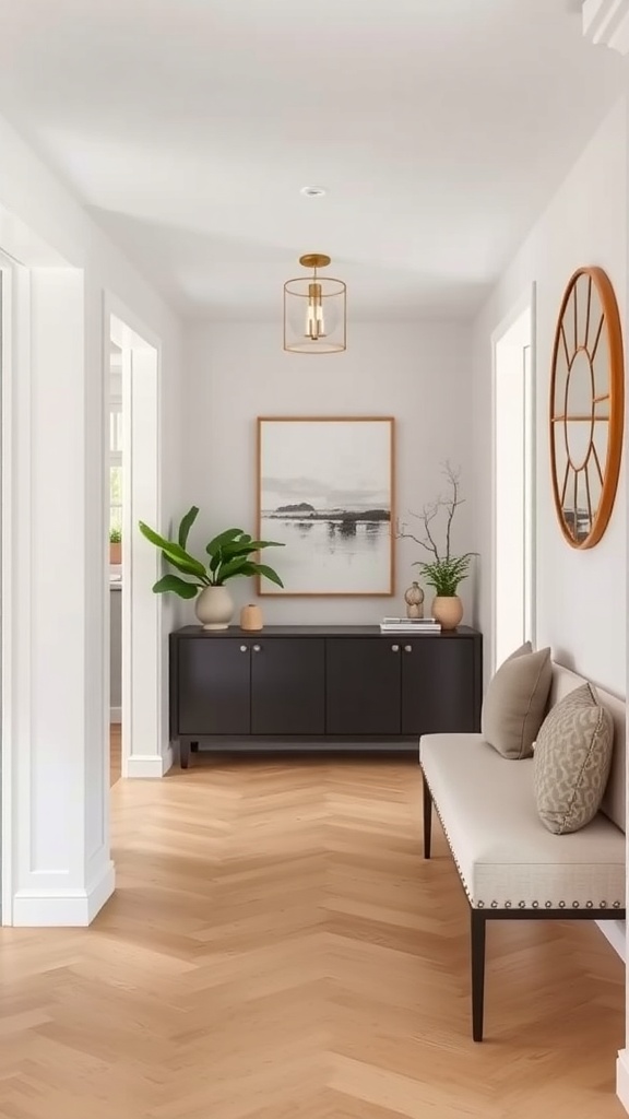 A stylish hallway featuring a bench, cabinet, artwork, and plants.