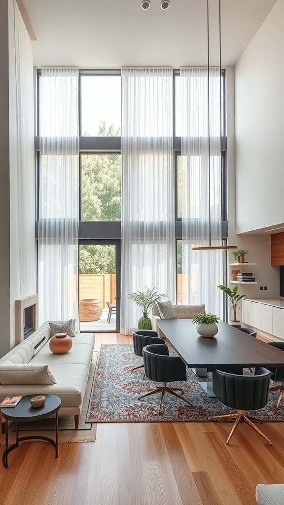 Bright open concept living and dining room with large windows, a cozy sofa, stylish chairs, and a sleek dining table.