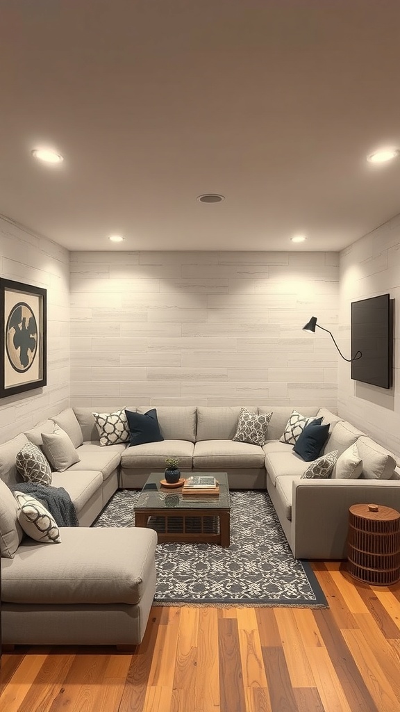 Cozy sunken lounge area with an L-shaped couch, wooden flooring, and a coffee table.