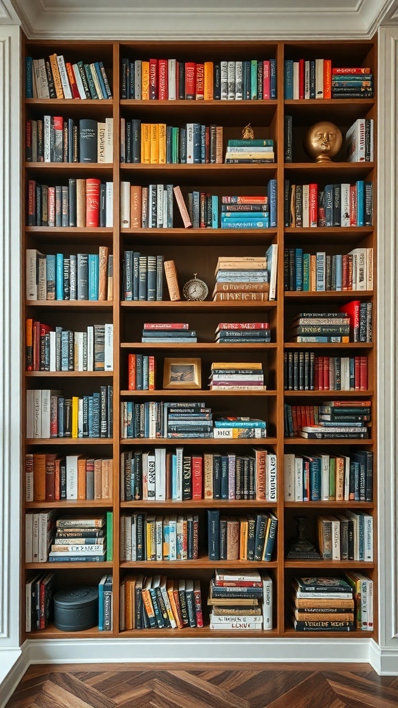 A multi-level bookshelf filled with books in various orientations, featuring decorative items like a clock and a picture frame.