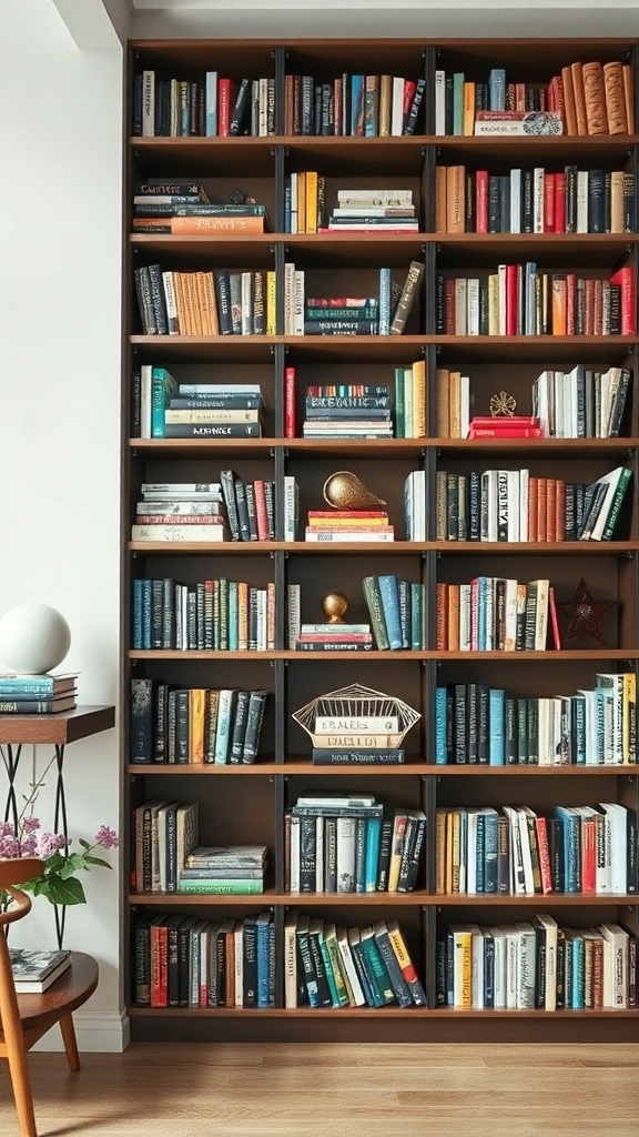A multi-level bookshelf filled with colorful books and decorative items.