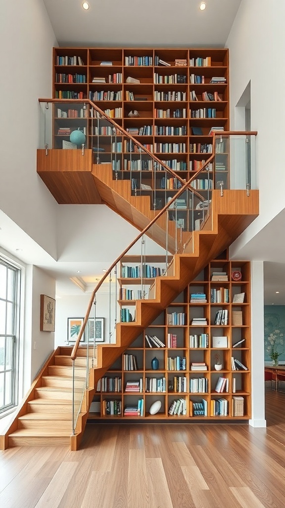 A multi-level bookshelf staircase featuring wooden steps and open shelving filled with books.