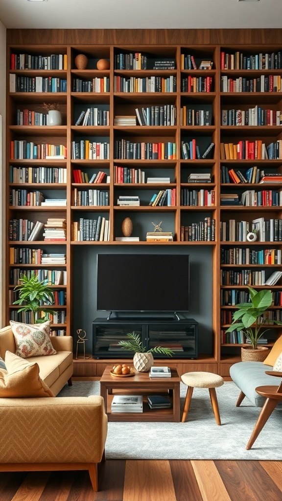 A modern living room featuring a multi-level bookshelf filled with books and decorative items, alongside a cozy seating area.