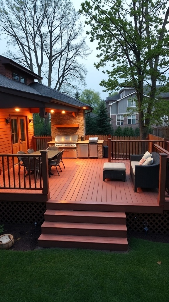 Multi-level outdoor deck with grill and dining area, featuring warm lighting and comfortable seating.