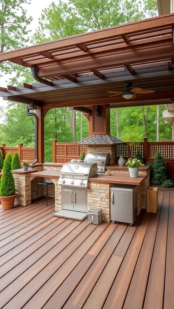 A multi-level deck featuring a modern grill area with stone and wood elements, surrounded by greenery.