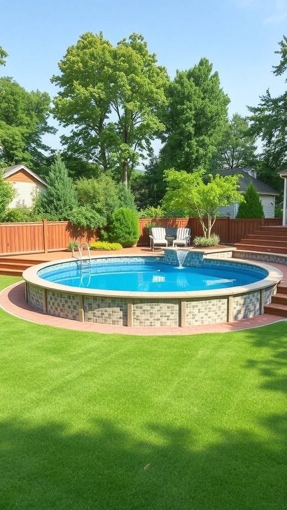 A sunken above-ground pool with a multi-level deck surrounded by green grass and trees.