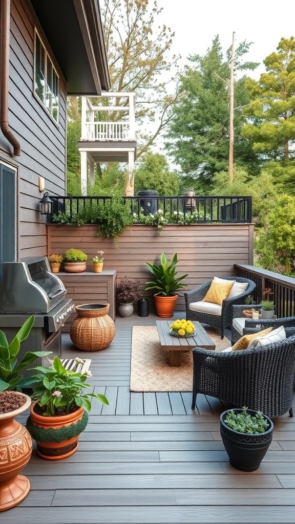 A multi-level outdoor deck featuring a grill, seating area, and potted plants.