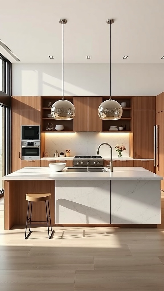 Modern kitchen with a multi-level island featuring a sleek design and warm wood accents.