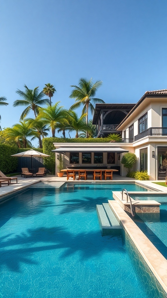 A beautiful multi-level swimming pool with a swim-up bar surrounded by palm trees and outdoor seating.