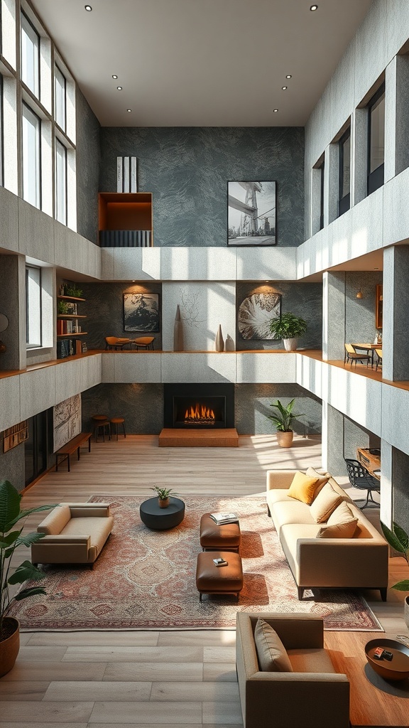 A cozy multi-level lounge with sofas, rugs, and soft lighting, featuring a fireplace and plants.