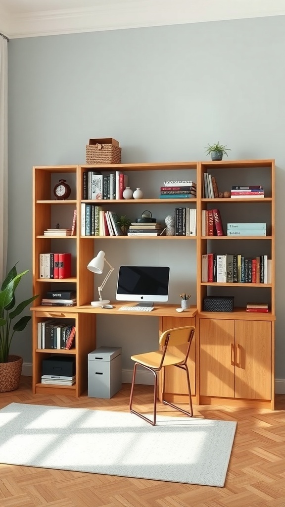 A multi-purpose bookshelf with a desk space, featuring books, a computer, and decorative items.
