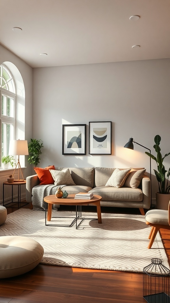 Cozy college living room with multi-purpose furniture including a sofa, coffee table, and poufs.