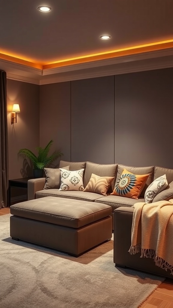 Cozy home theater setup with a sectional sofa, ottoman, and warm lighting