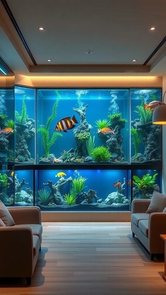 A stylish multi-tank aquarium system featuring colorful fish and lush aquatic plants.