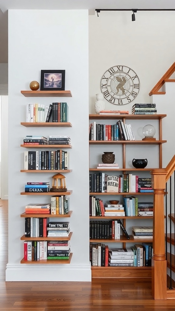 A multi-tiered bookshelf display built into a staircase, featuring various books and decorative items.
