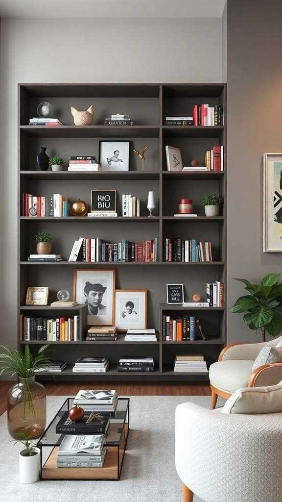 A modern multi-tiered bookshelf filled with colorful books and decorative items in a stylish living room.