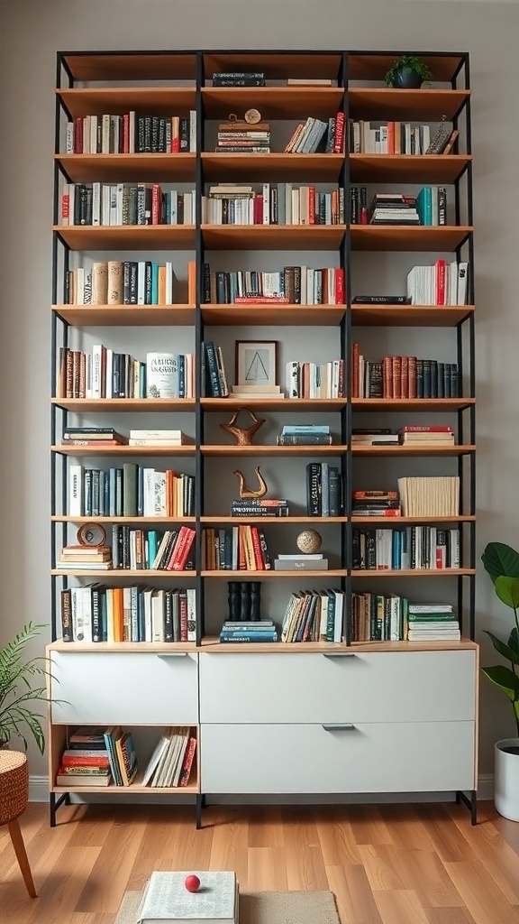 A modern multi-tiered bookshelf displaying various books and decorative items.
