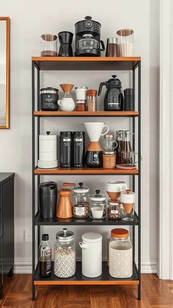 Multi-tiered coffee stand with various coffee tools and supplies organized on shelves