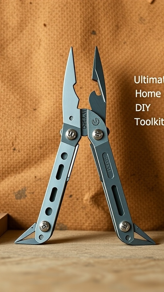 A multi-tool with pliers and various tools displayed on a textured background.