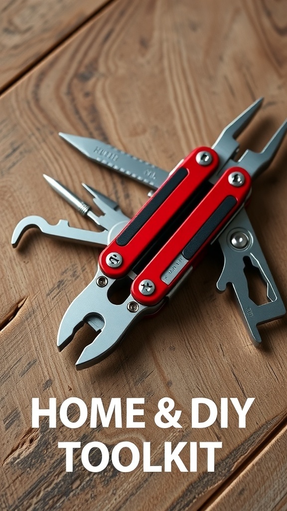 A multi-tool with various functions displayed on a wooden surface.