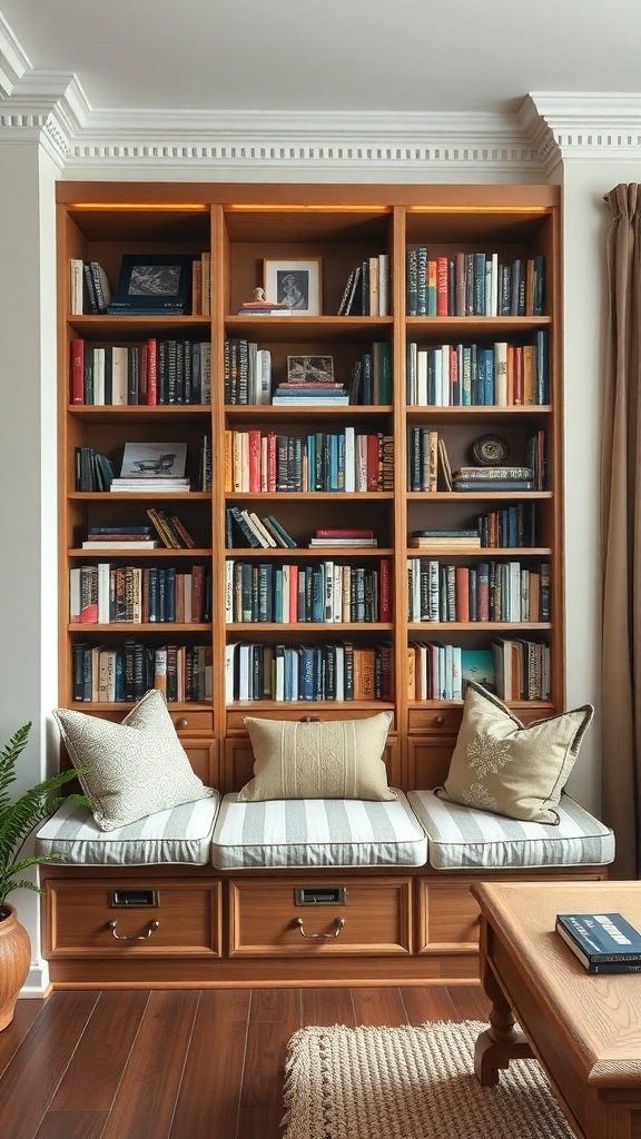A multifunctional bookshelf with integrated seating, featuring a wooden structure filled with books and a cozy seating area with cushions.