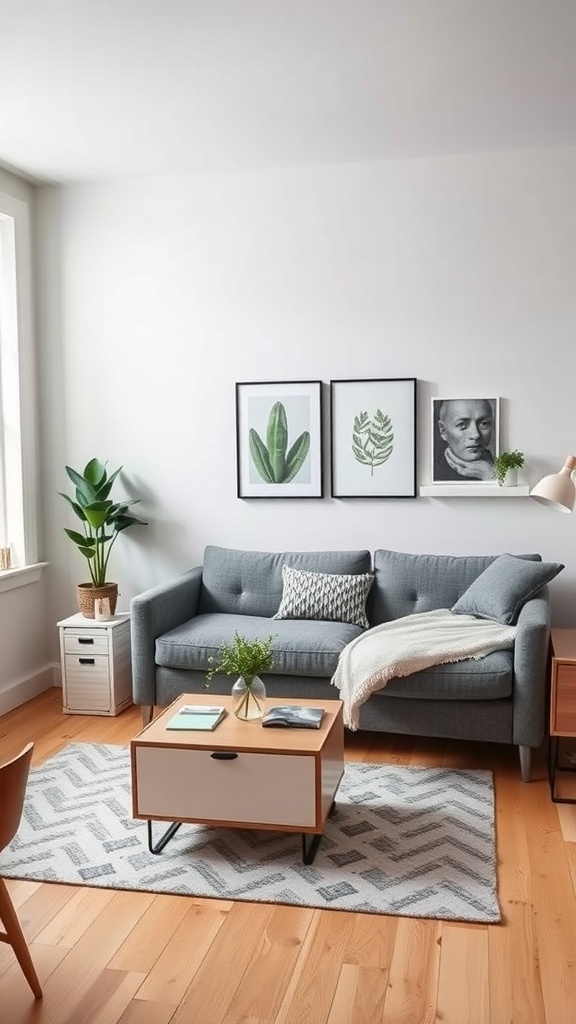 A cozy living room with a gray sofa, a coffee table, and framed botanical art on the wall.