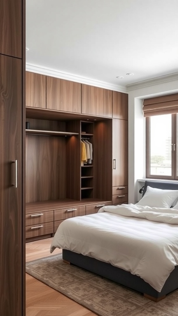 A small bedroom featuring a built-in wardrobe and a neatly made bed.