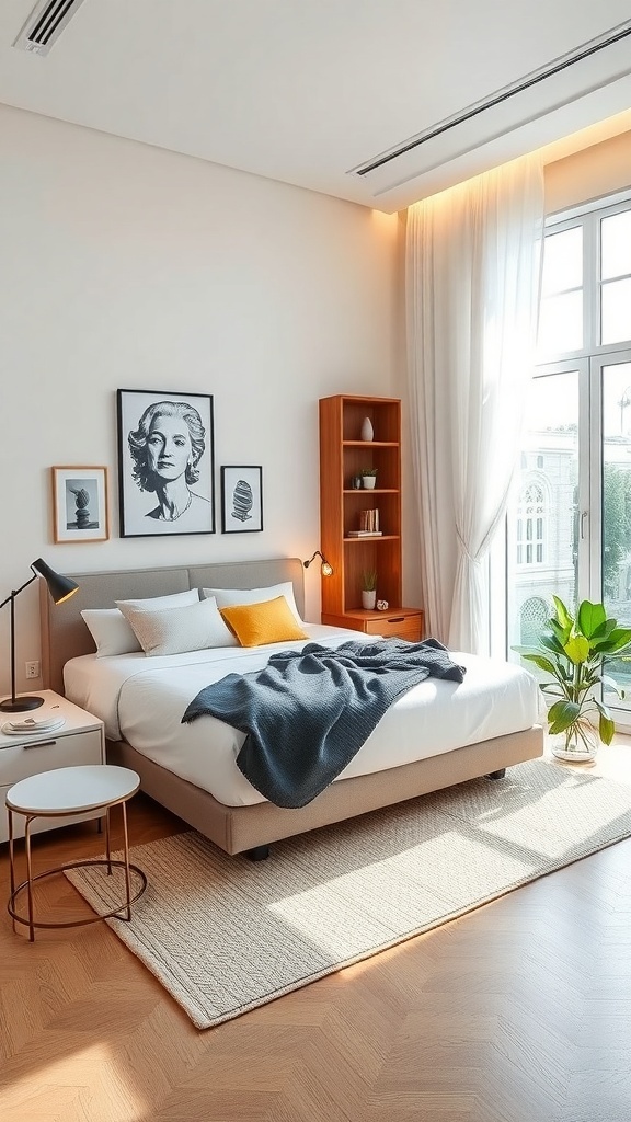 A cozy bedroom featuring multifunctional furniture, including a bed with storage, a compact nightstand, and a stylish shelving unit.