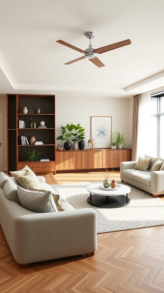 A stylish living room featuring two sofas, a round coffee table, a wooden shelving unit, and plants, designed for multifunctional use.
