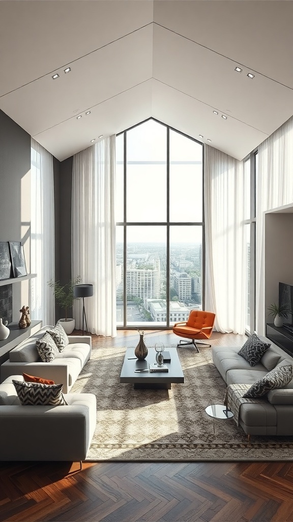 Helles Wohnzimmer mit großen Fenstern, modernen Sofas und einem multifunktionalen Couchtisch