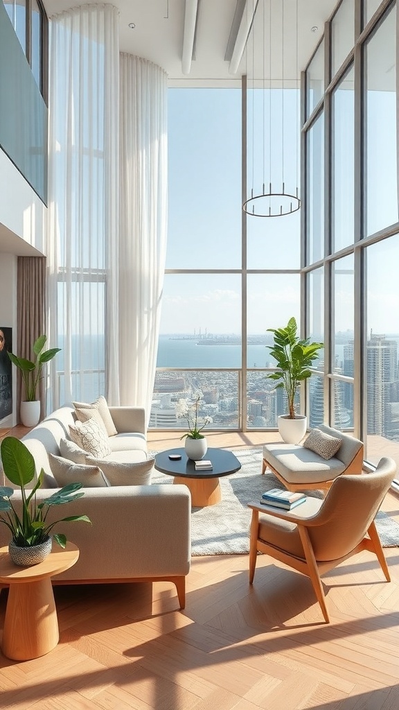 Modernes Wohnzimmer mit großen Fenstern, stilvollen Möbeln und Pflanzen