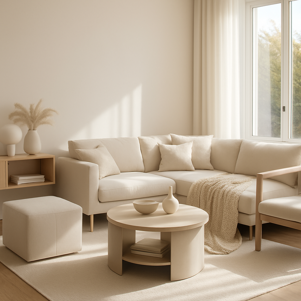 Ein modernes Wohnzimmer mit einem beigen Sofa, einem runden Tisch und einem minimalistischen Design.