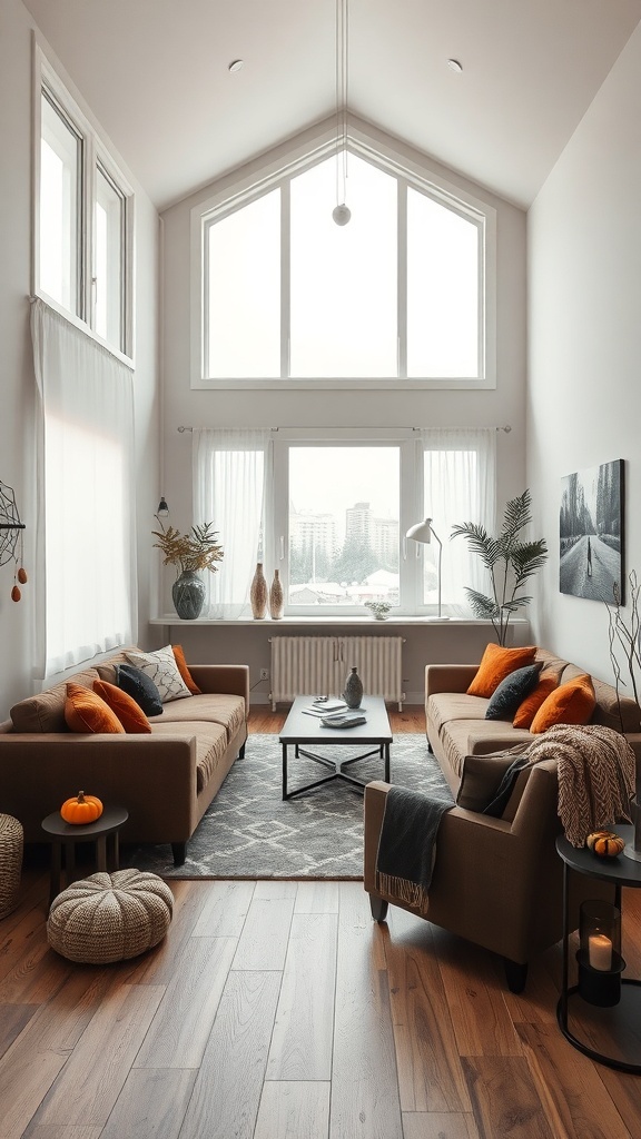Gemütliches Wohnzimmer mit multifunktionalen Möbeln, großen Fenstern und herbstlicher Dekoration.