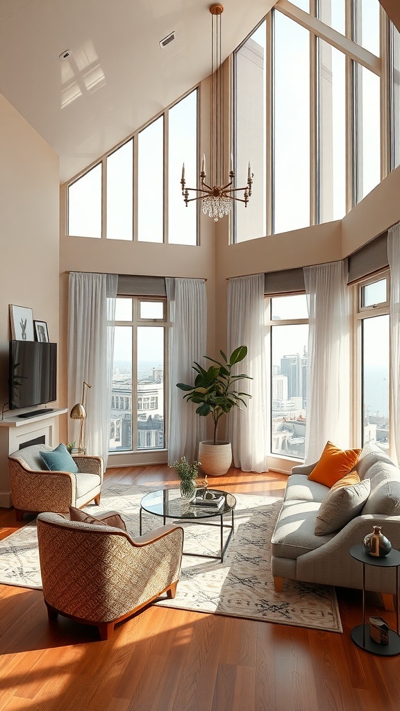 Helles Wohnzimmer mit großen Fenstern, eleganten Möbeln und einem modernen Couchtisch