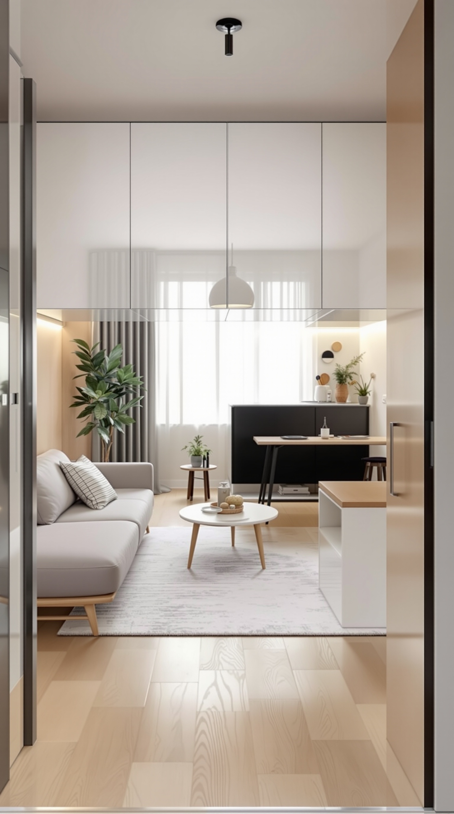 Modernes Wohnzimmer mit multifunktionalen Möbeln, großen Fenstern und Pflanzen.