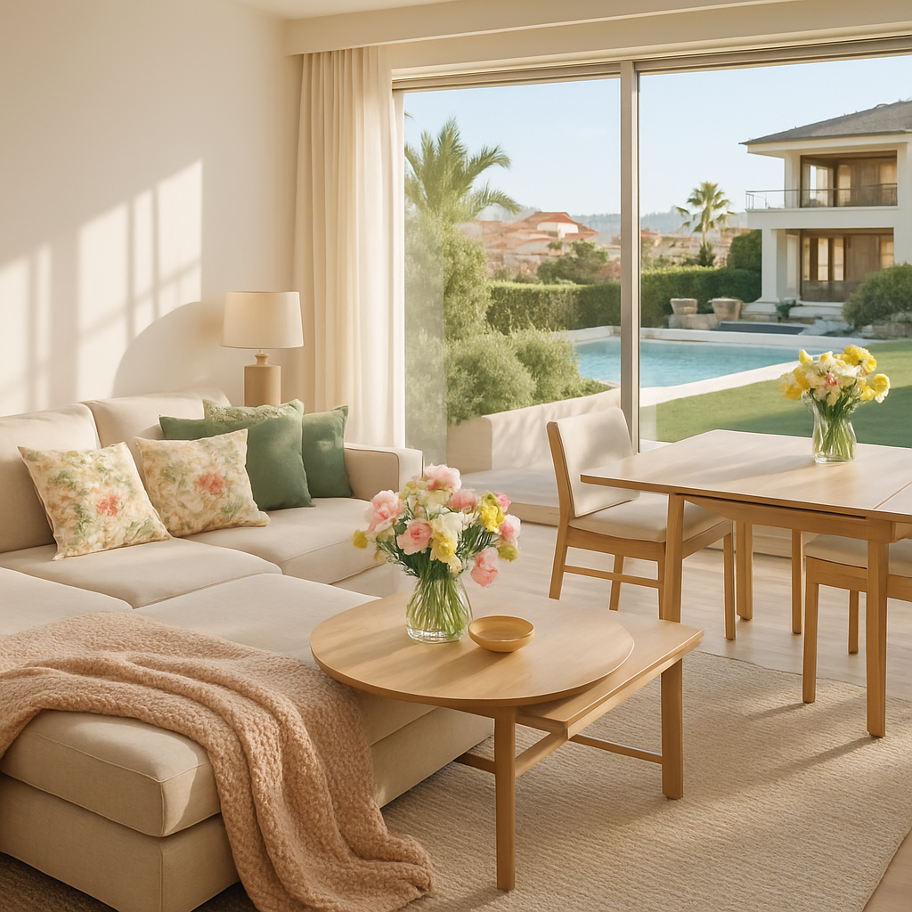 Helles Wohnzimmer mit multifunktionalen Möbeln, großen Fenstern und Blick auf den Garten