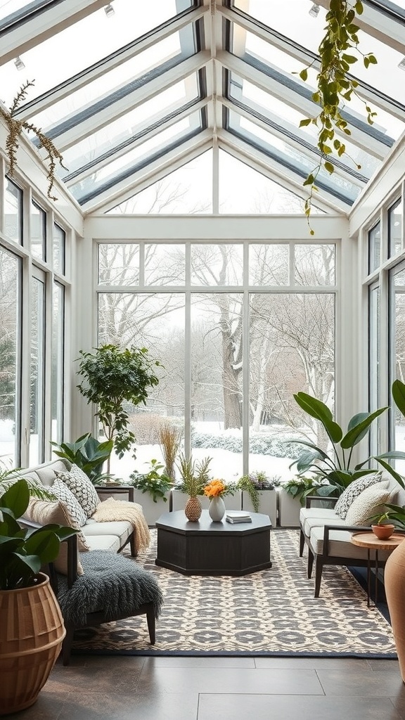 Ein moderner Wintergarten mit großen Fenstern, gemütlichen Möbeln und Pflanzen, der einen Blick auf eine verschneite Landschaft bietet.