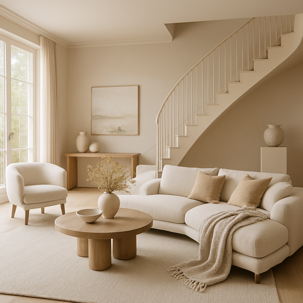 Ein modernes Wohnzimmer mit hellen Farben, einem bequemen Sofa, einem runden Tisch und einer geschwungenen Treppe.