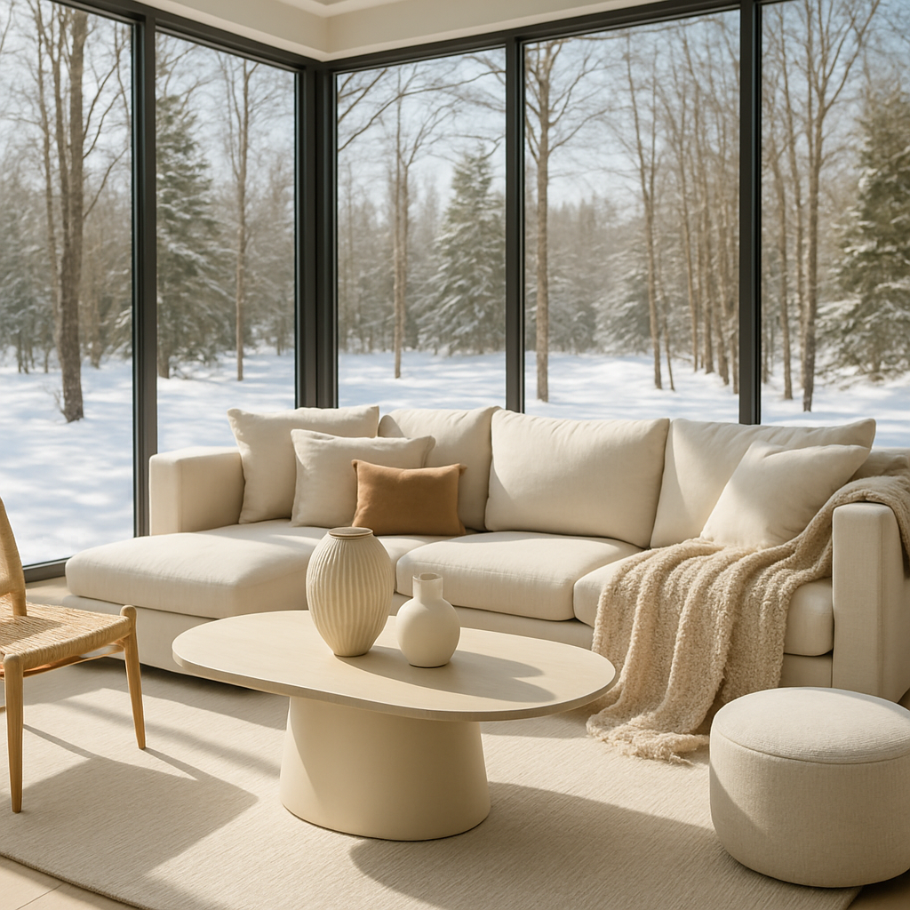 Moderne Sitzbereiche in einem Wintergarten mit Blick auf verschneite Bäume