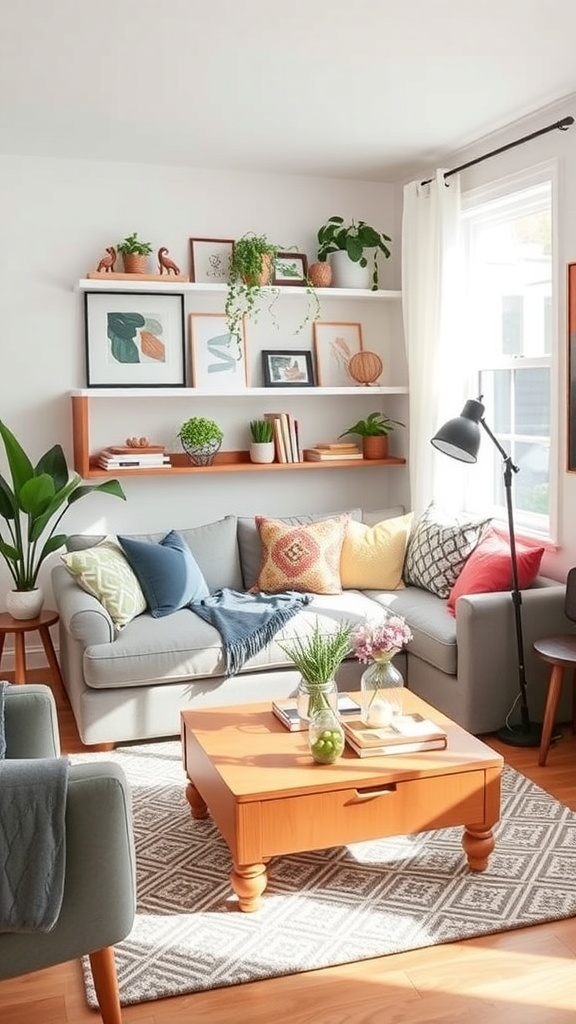 Cozy living room with multipurpose furniture, including a sofa, coffee table with storage, and floating shelves.