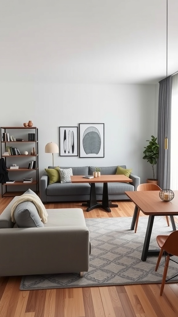 A stylish living room featuring multipurpose furniture, including a sofa, coffee table, and shelves.
