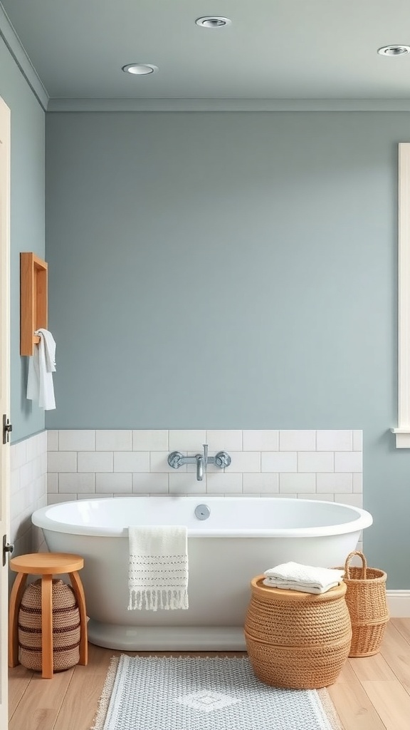 A serene bathroom with muted blue walls, a white bathtub, and natural wooden accents.