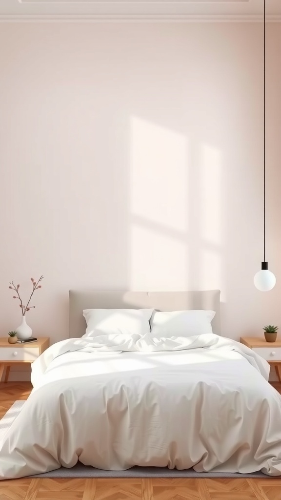 A cozy bedroom with muted pastel walls, soft bedding, and minimalistic decor.