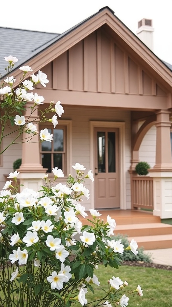 A charming house with muted pastel colors and white flowers in the foreground.
