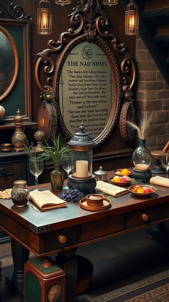 A beautifully arranged alchemy table with vials, candles, and scrolls in a cozy setting.