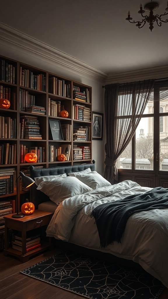 A cozy bedroom with a mysterious bookshelf filled with books and glowing pumpkins, creating a Halloween atmosphere.