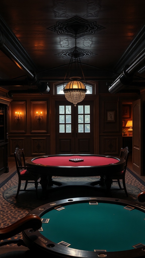 A cozy and mysterious game room featuring a red poker table, a green felt table, and warm lighting.