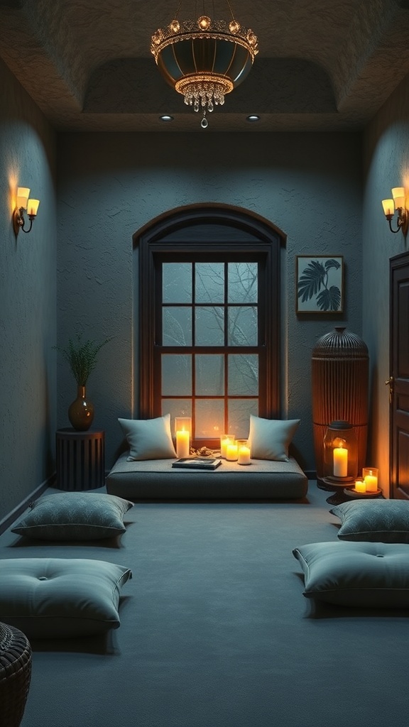 A cozy meditation room with cushions, candles, and a chandelier, creating a serene atmosphere.