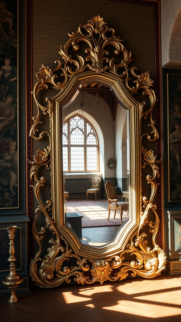 An ornate golden mirror reflecting a beautifully decorated room