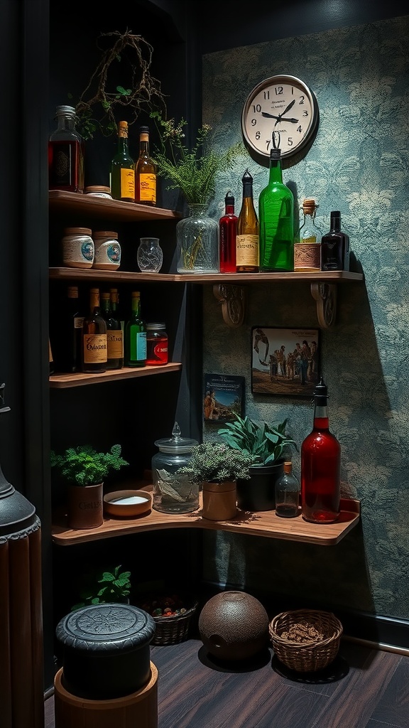 A cozy potion corner with colorful bottles, plants, and wooden shelves.